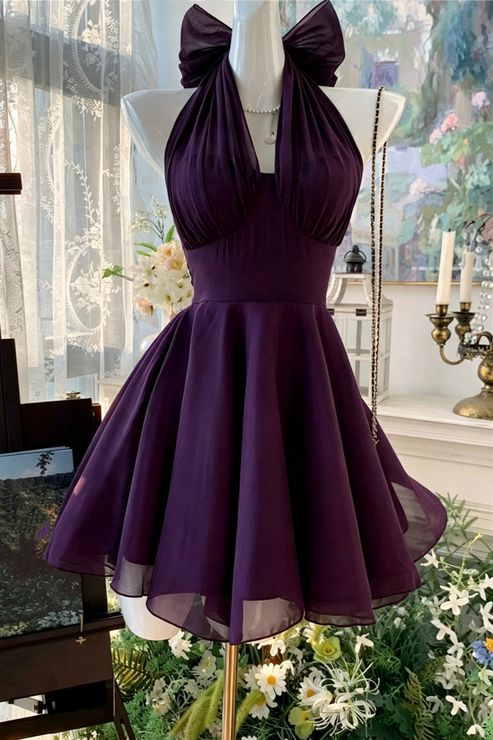 2 Ways To Wear | Deep Purple Halter Bow Chiffon Mini Dress, Homecoming Party A-Line Gown F056