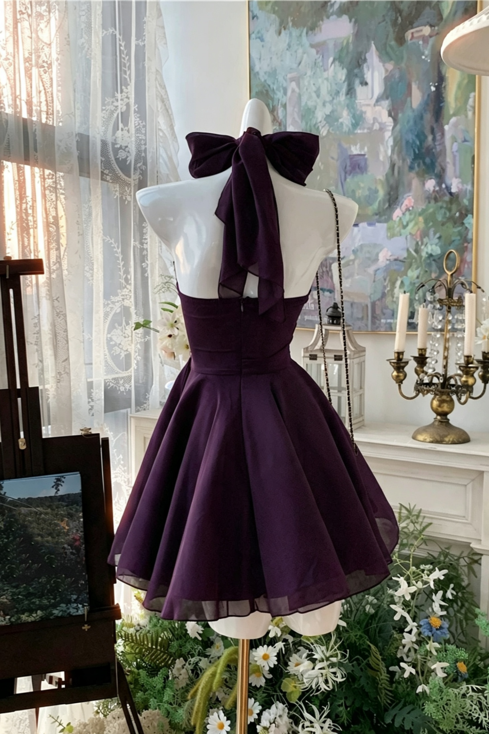 2 Ways To Wear | Deep Purple Halter Bow Chiffon Mini Dress, Homecoming Party A-Line Gown F056