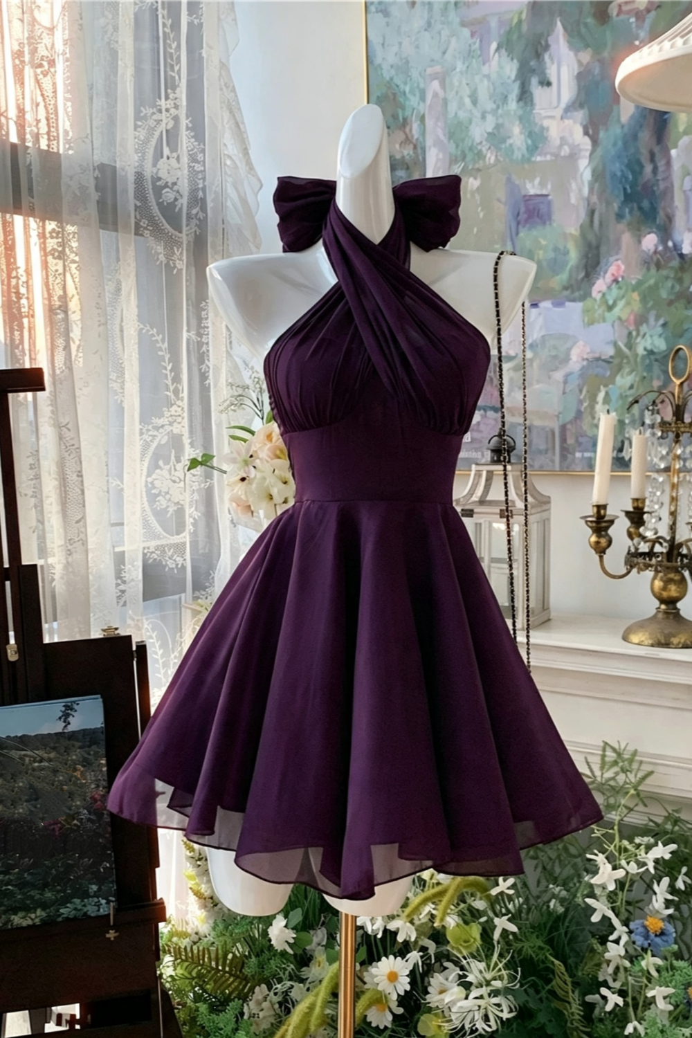 2 Ways To Wear | Deep Purple Halter Bow Chiffon Mini Dress, Homecoming Party A-Line Gown F056