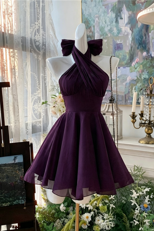 2 Ways To Wear | Deep Purple Halter Bow Chiffon Mini Dress, Homecoming Party A-Line Gown F056
