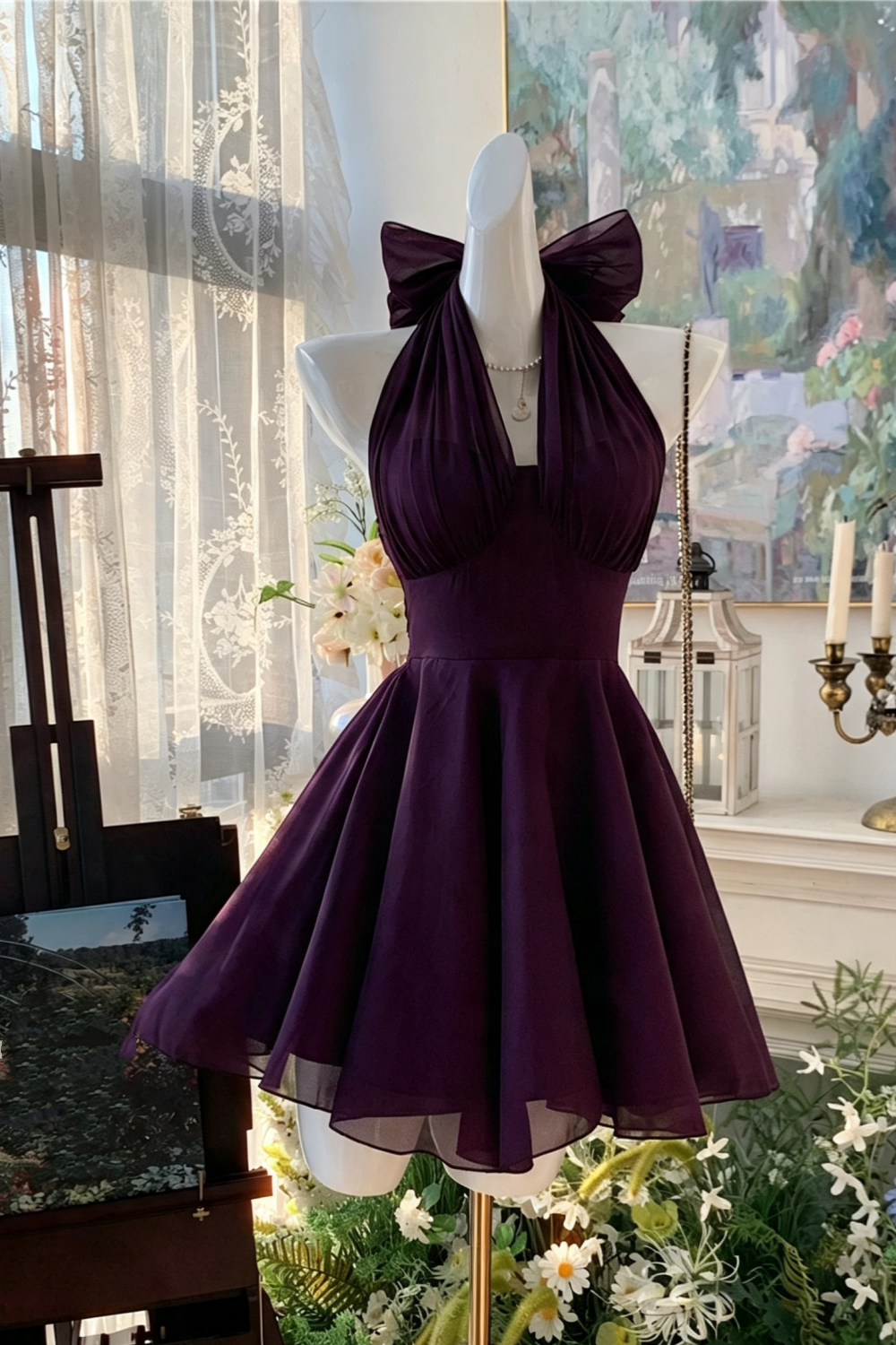 2 Ways To Wear | Deep Purple Halter Bow Chiffon Mini Dress, Homecoming Party A-Line Gown F056