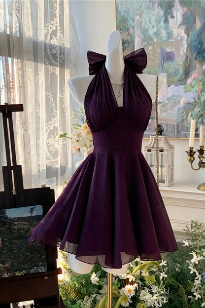 2 Ways To Wear | Deep Purple Halter Bow Chiffon Mini Dress, Homecoming Party A-Line Gown F056