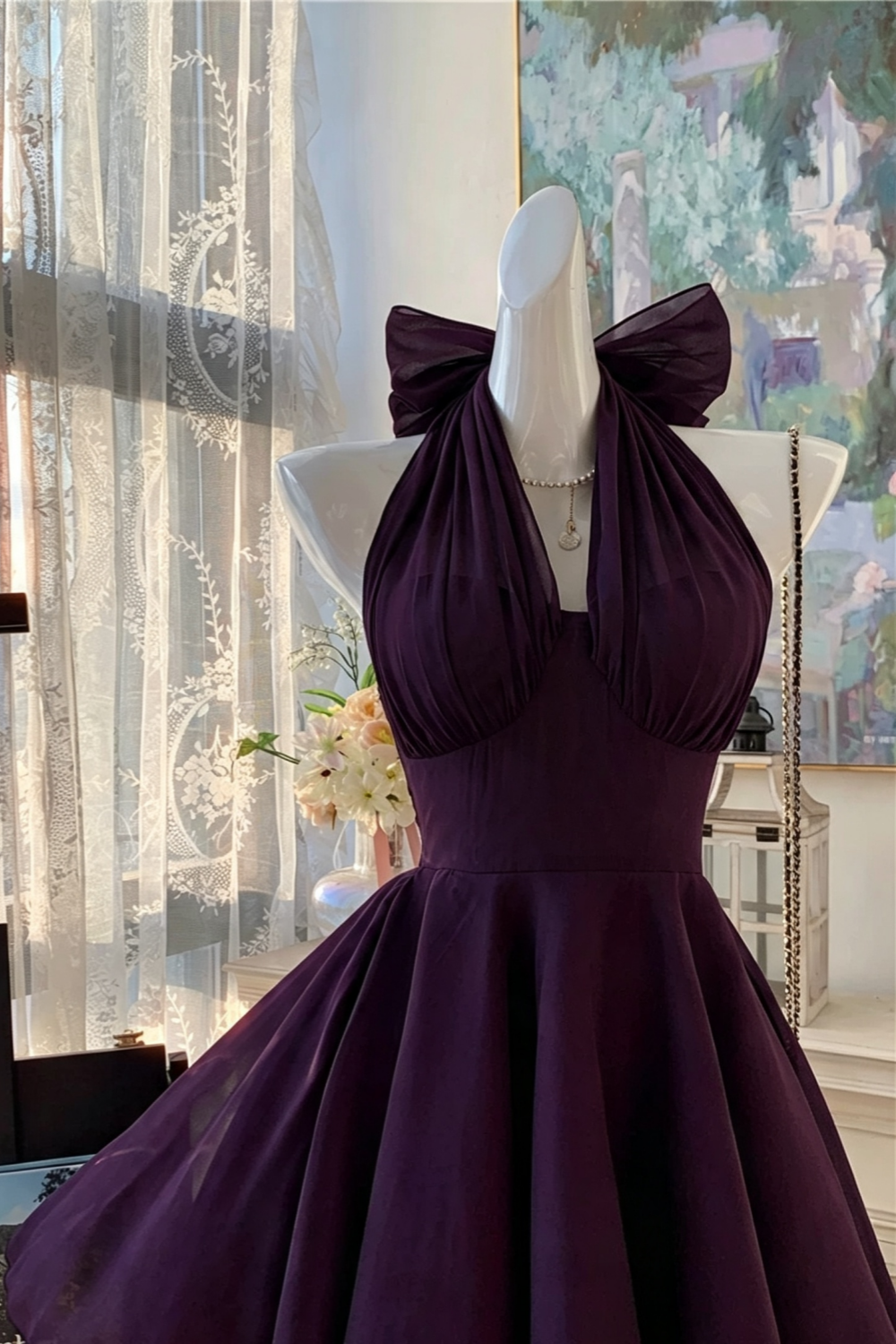 2 Ways To Wear | Deep Purple Halter Bow Chiffon Mini Dress, Homecoming Party A-Line Gown F056