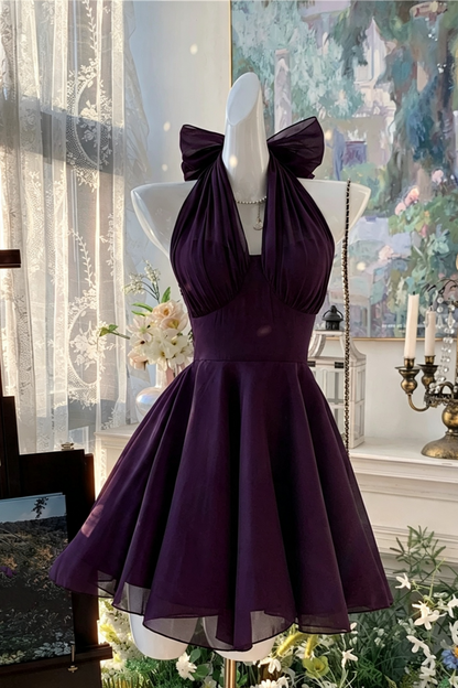 2 Ways To Wear | Deep Purple Halter Bow Chiffon Mini Dress, Homecoming Party A-Line Gown F056