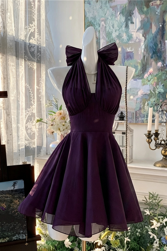 2 Ways To Wear | Deep Purple Halter Bow Chiffon Mini Dress, Homecoming Party A-Line Gown F056