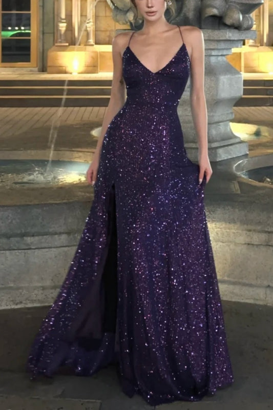 Deep Purple Sequin Evening Dress V-neck Spaghetti Strap Slit Gown F0383
