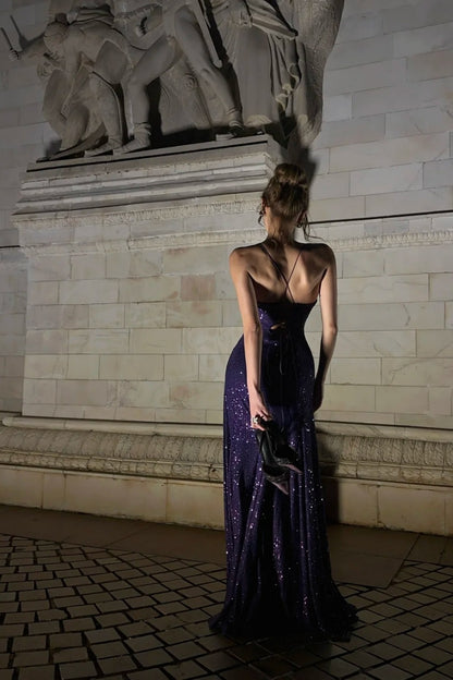 Deep Purple Sequin Evening Dress V-neck Spaghetti Strap Slit Gown F0383