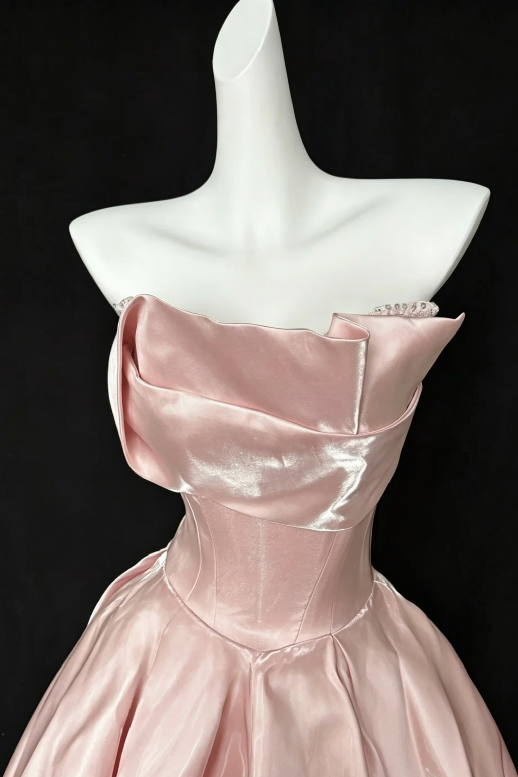 Ball Gown Blush Satin Formal Evening Dress, Adjustable Fold Neck Beaded Prom Gown  F028