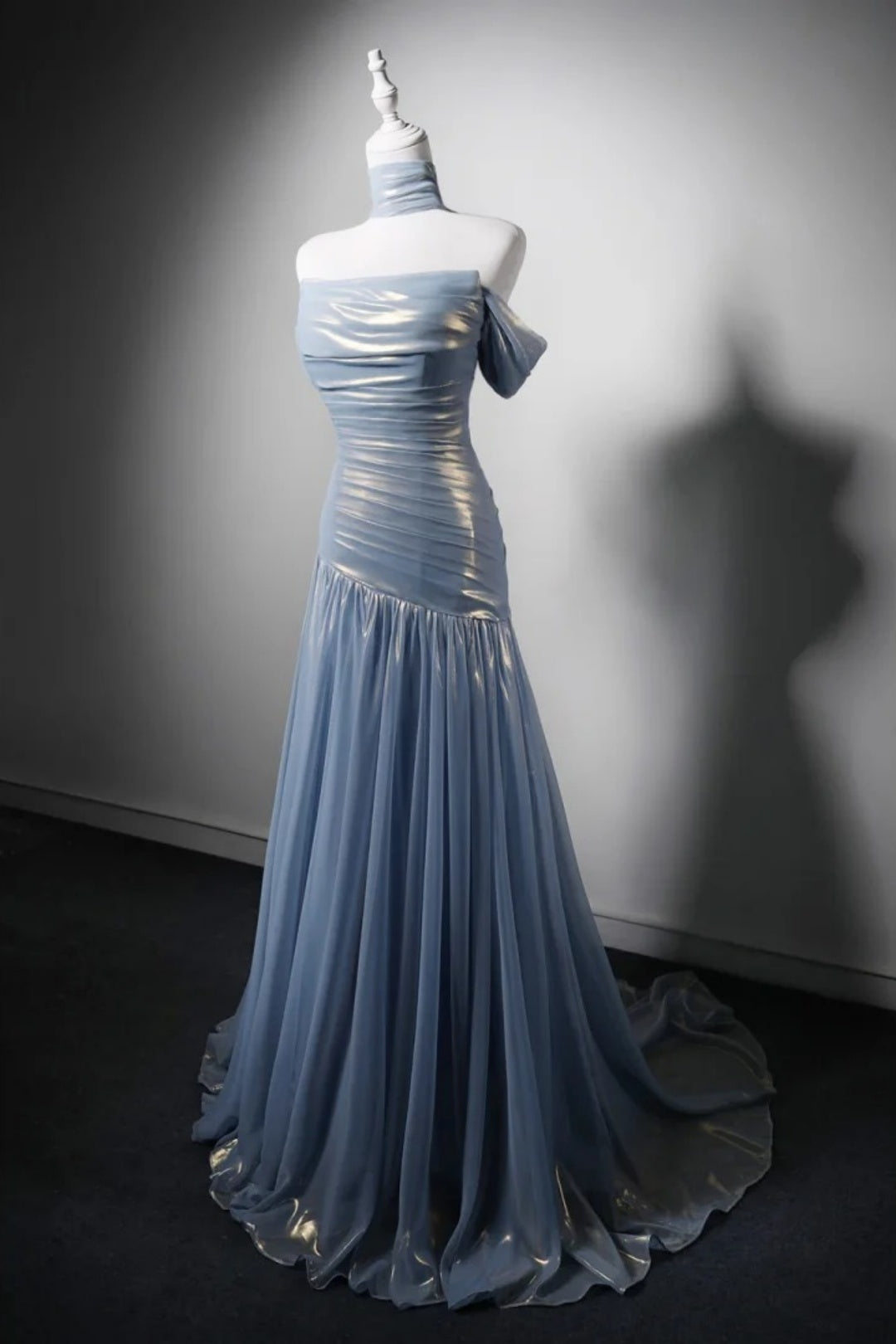 Strapless Glitter Satin Tiered A-Line Evening Dress with High Slit F0351