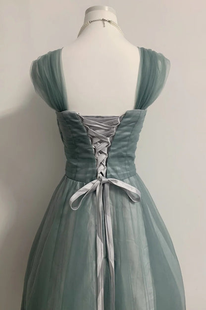 Dusty Green Tulle Tea Length Homecoming Dress Cross Ruched Sweetheart Dress F0305