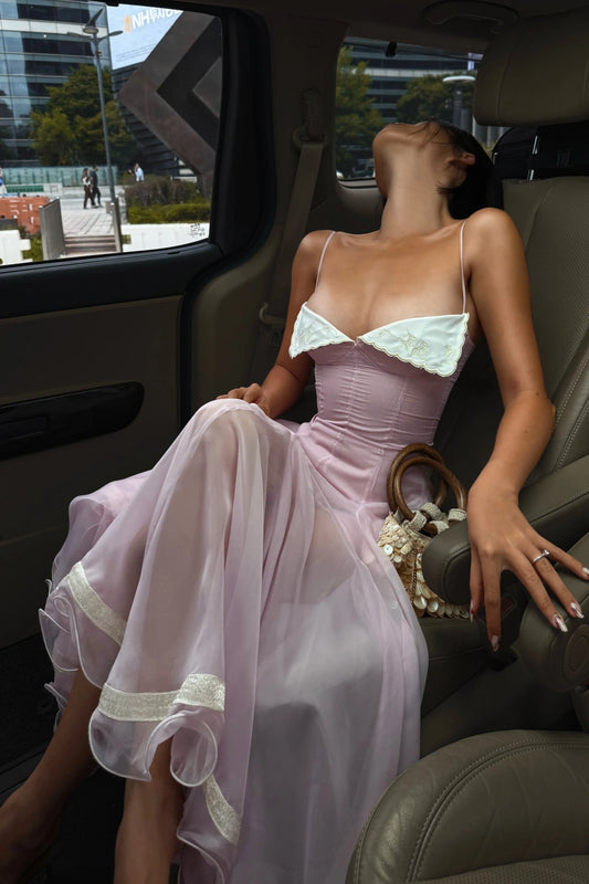 Dusty Pink Spaghetti Strap Chiffon Evening Dress with White Embroidery Trim L039