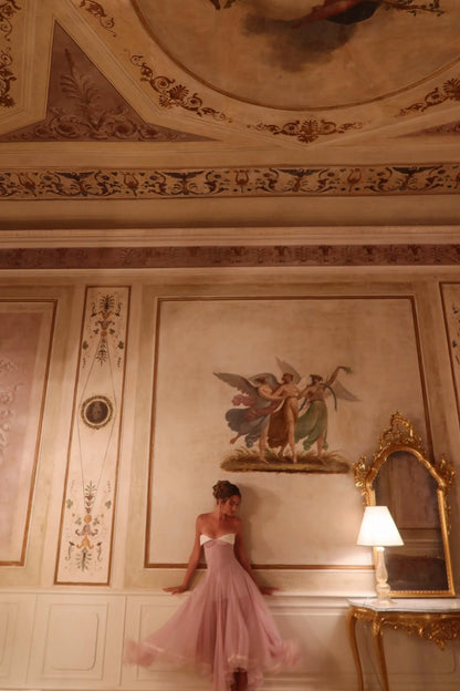 Dusty Pink Spaghetti Strap Chiffon Evening Dress with White Embroidery Trim L039