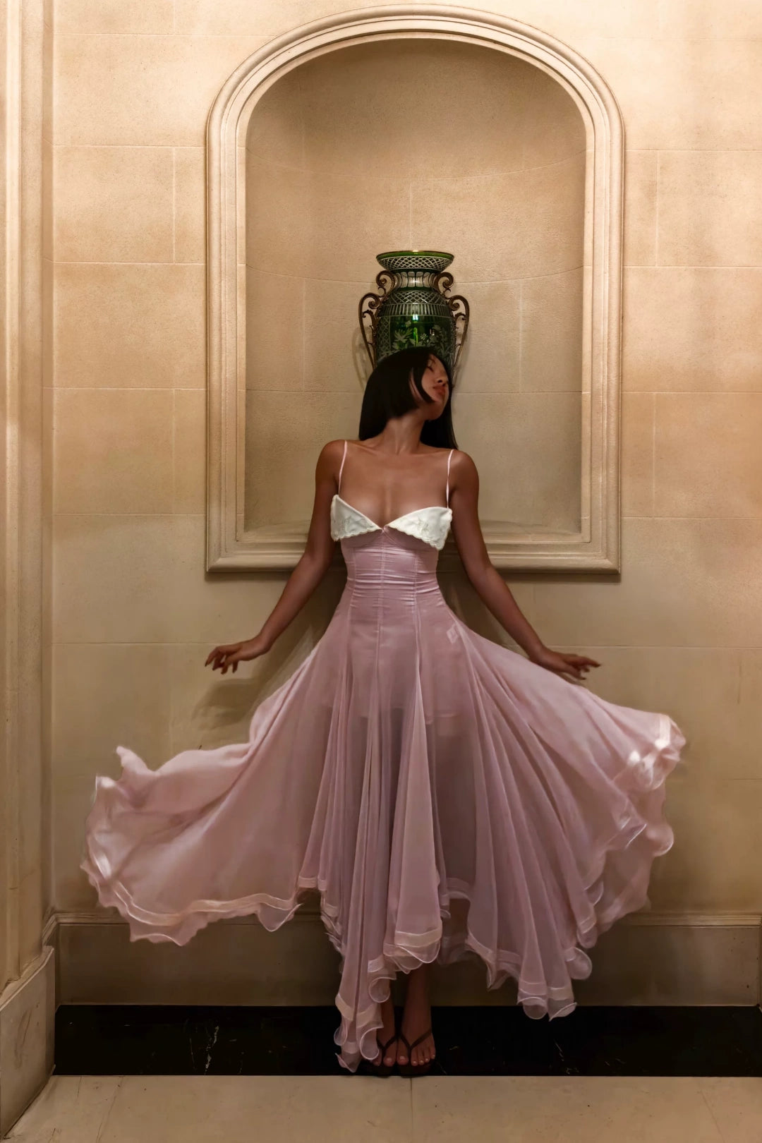Dusty Pink Spaghetti Strap Chiffon Evening Dress with White Embroidery Trim L039