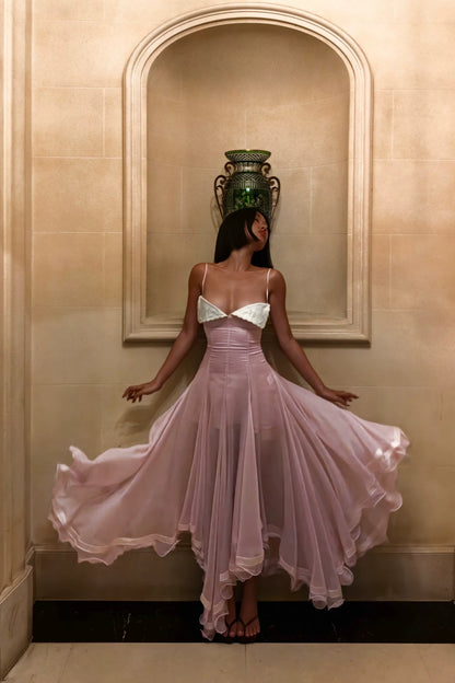 Dusty Pink Spaghetti Strap Chiffon Evening Dress with White Embroidery Trim L039