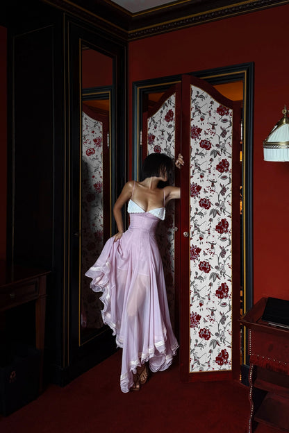 Dusty Pink Spaghetti Strap Chiffon Evening Dress with White Embroidery Trim L039