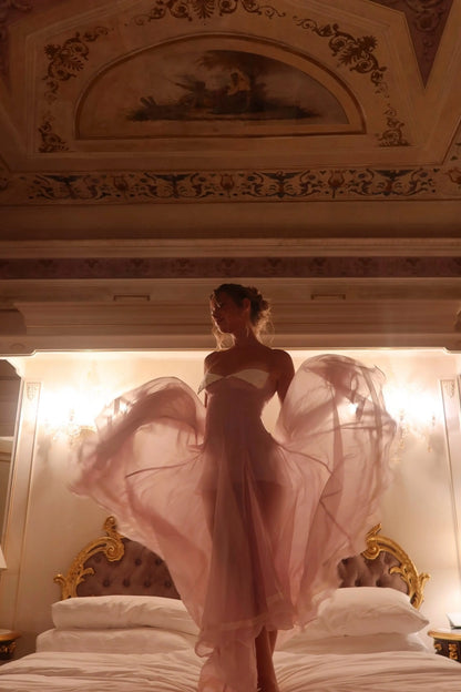 Dusty Pink Spaghetti Strap Chiffon Evening Dress with White Embroidery Trim L039
