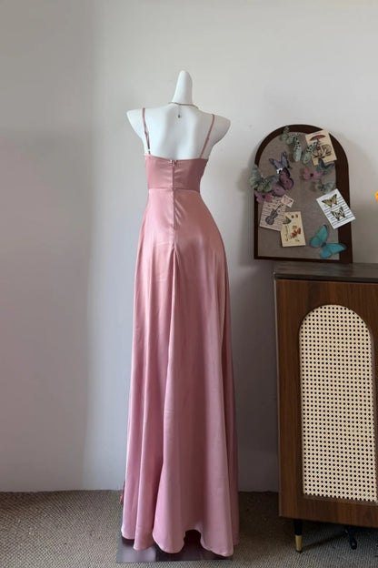 Satin Spaghetti Strap Evening Gown Corset Bodice A-Line Long Dress F0376