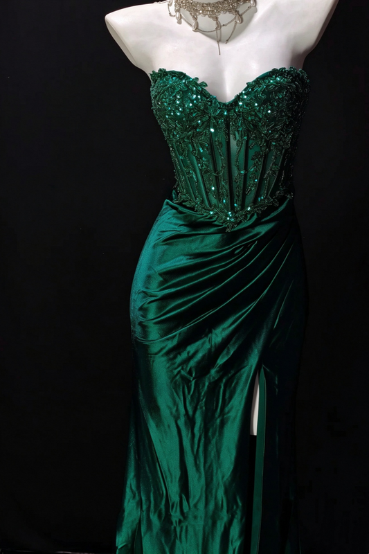 Emerald Green Satin Mermaid Evening Gown Beaded Corset Slit Dress F0374