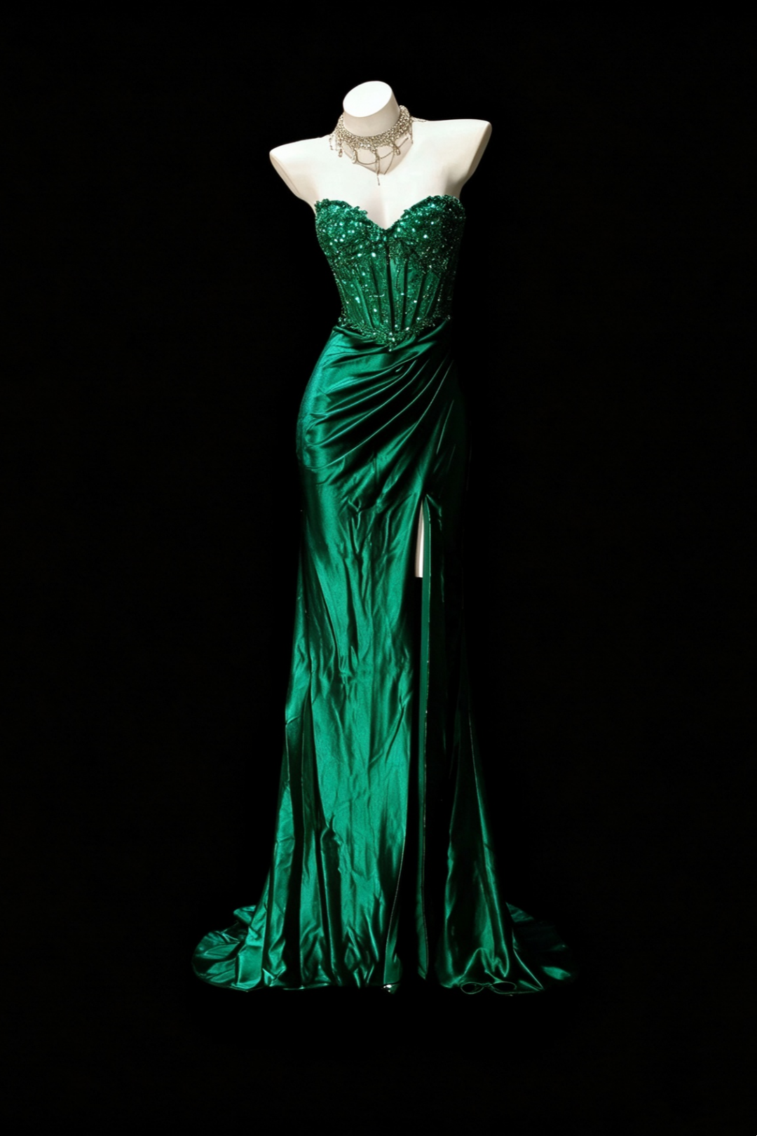 Emerald Green Satin Mermaid Evening Gown Beaded Corset Slit Dress F0374