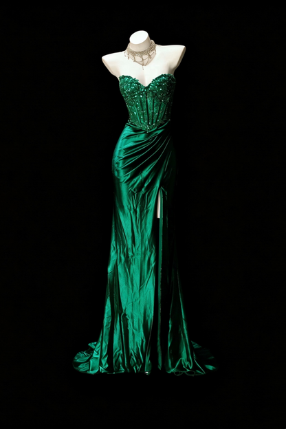 Emerald Green Satin Mermaid Evening Gown Beaded Corset Slit Dress F0374