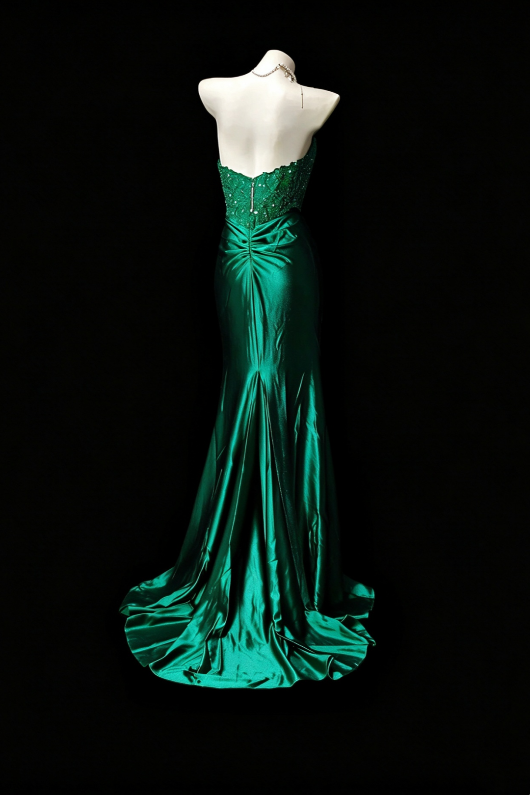 Emerald Green Satin Mermaid Evening Gown Beaded Corset Slit Dress F0374