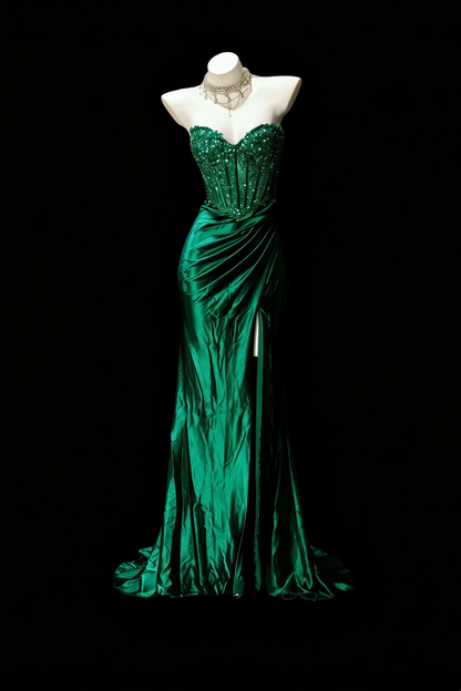 Emerald Green Satin Mermaid Evening Gown Beaded Corset Slit Dress F0374