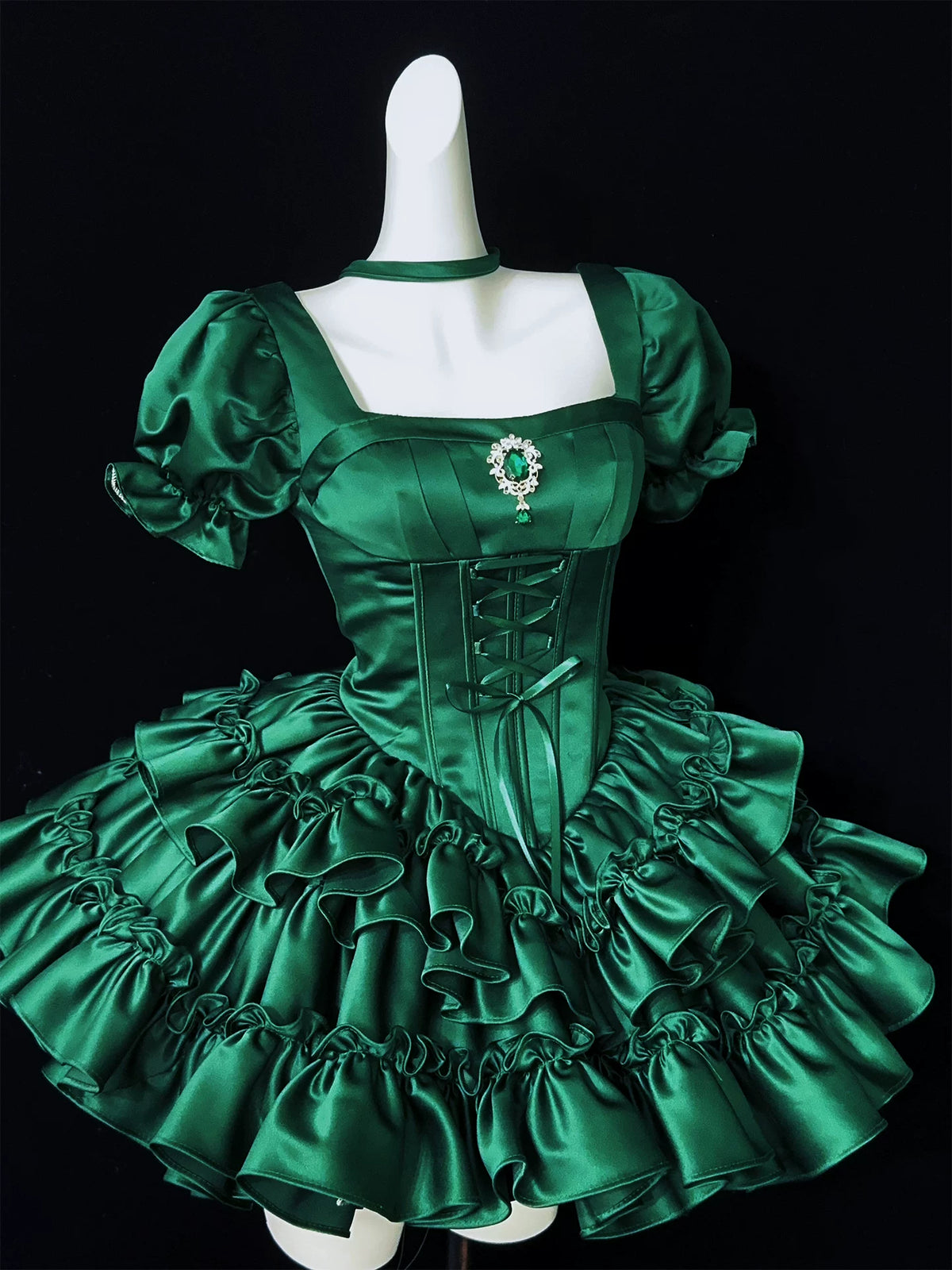 Emerald Green Satin Puff Sleeve Corset Mini Homecoming Dress F0328