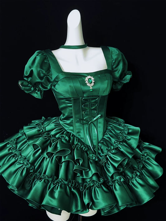 Emerald Green Satin Puff Sleeve Corset Mini Homecoming Dress F0328