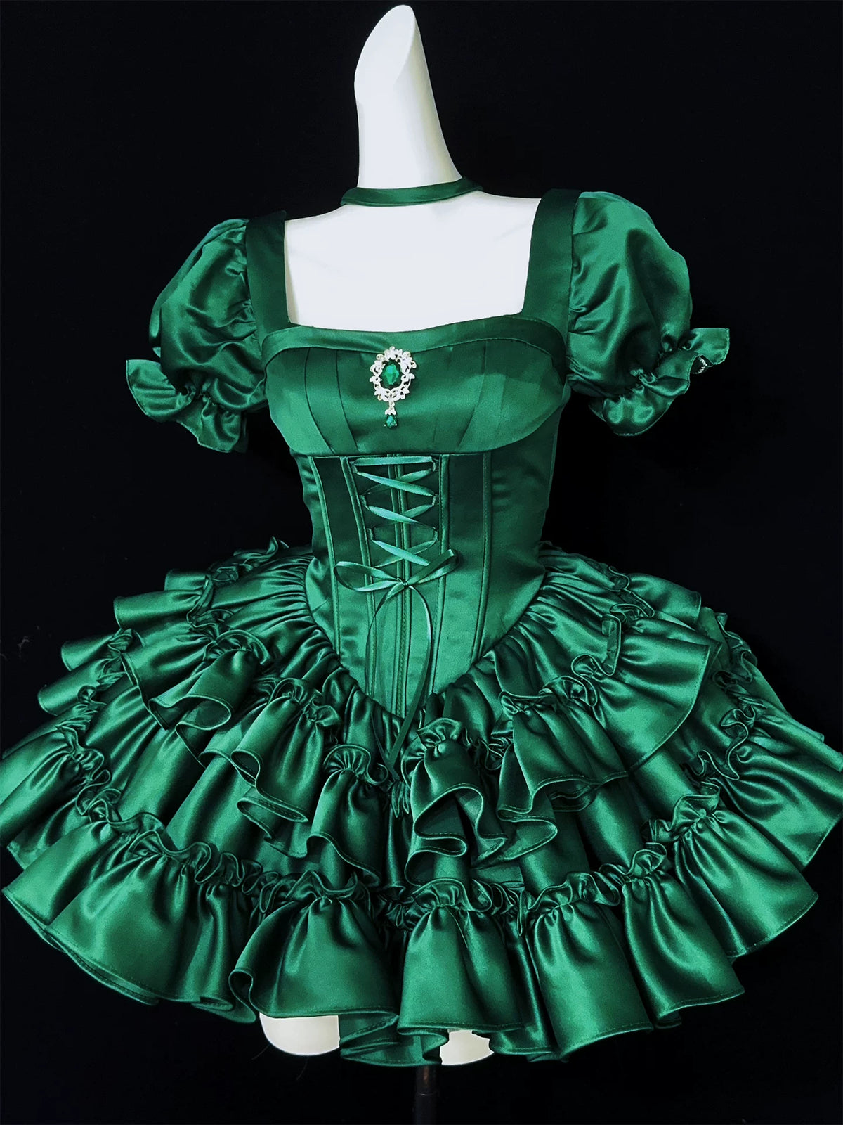 Emerald Green Satin Puff Sleeve Corset Mini Homecoming Dress F0328