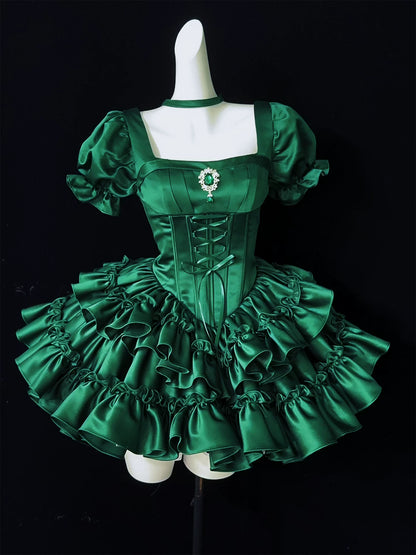 Emerald Green Satin Puff Sleeve Corset Mini Homecoming Dress F0328