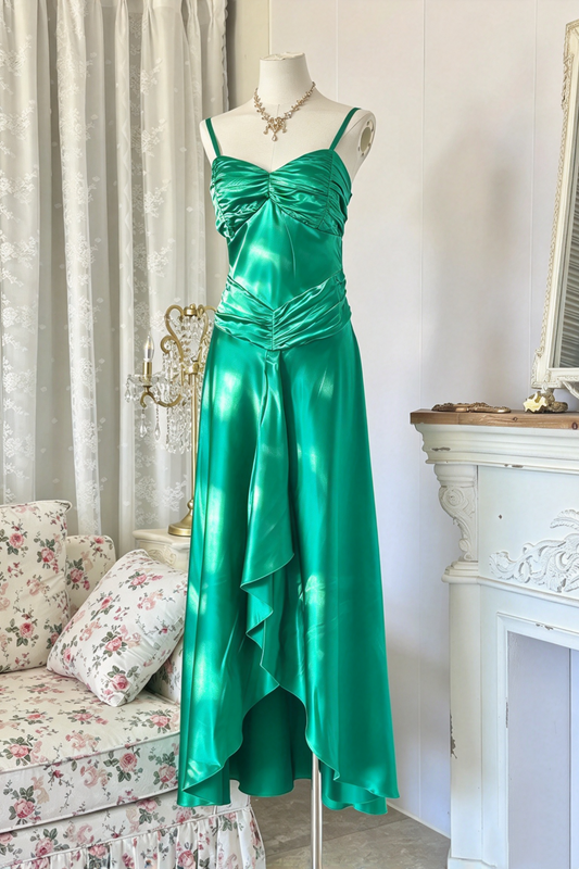 Emerald Green Satin Spaghetti Strap High Low Evening Dress  F0390