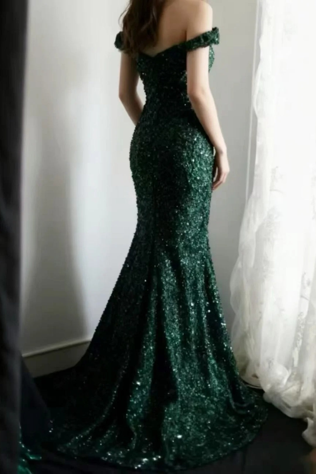 Emerald Green Sequin Mermaid Dress Off Shoulder Slit Prom Gown F0368