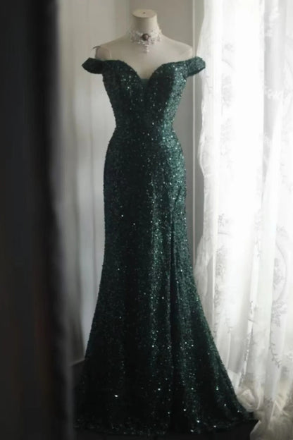 Emerald Green Sequin Mermaid Dress Off Shoulder Slit Prom Gown F0368