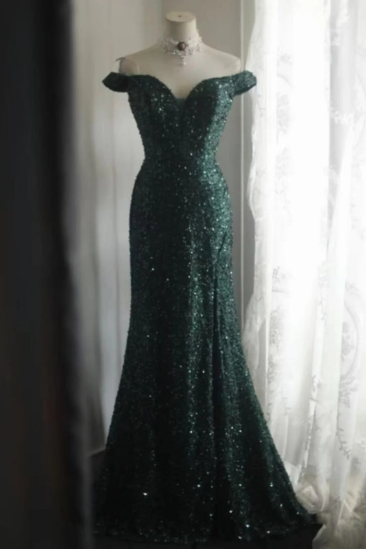 Emerald Green Sequin Mermaid Dress Off Shoulder Slit Prom Gown F0368