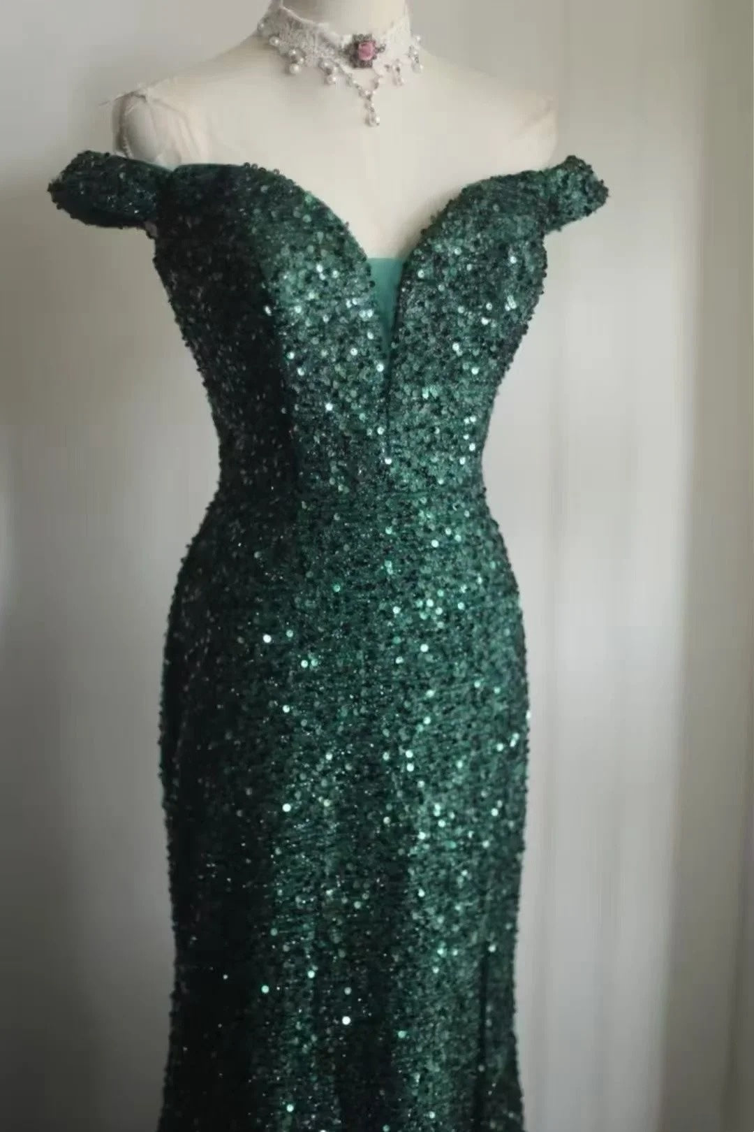 Emerald Green Sequin Mermaid Dress Off Shoulder Slit Prom Gown F0368