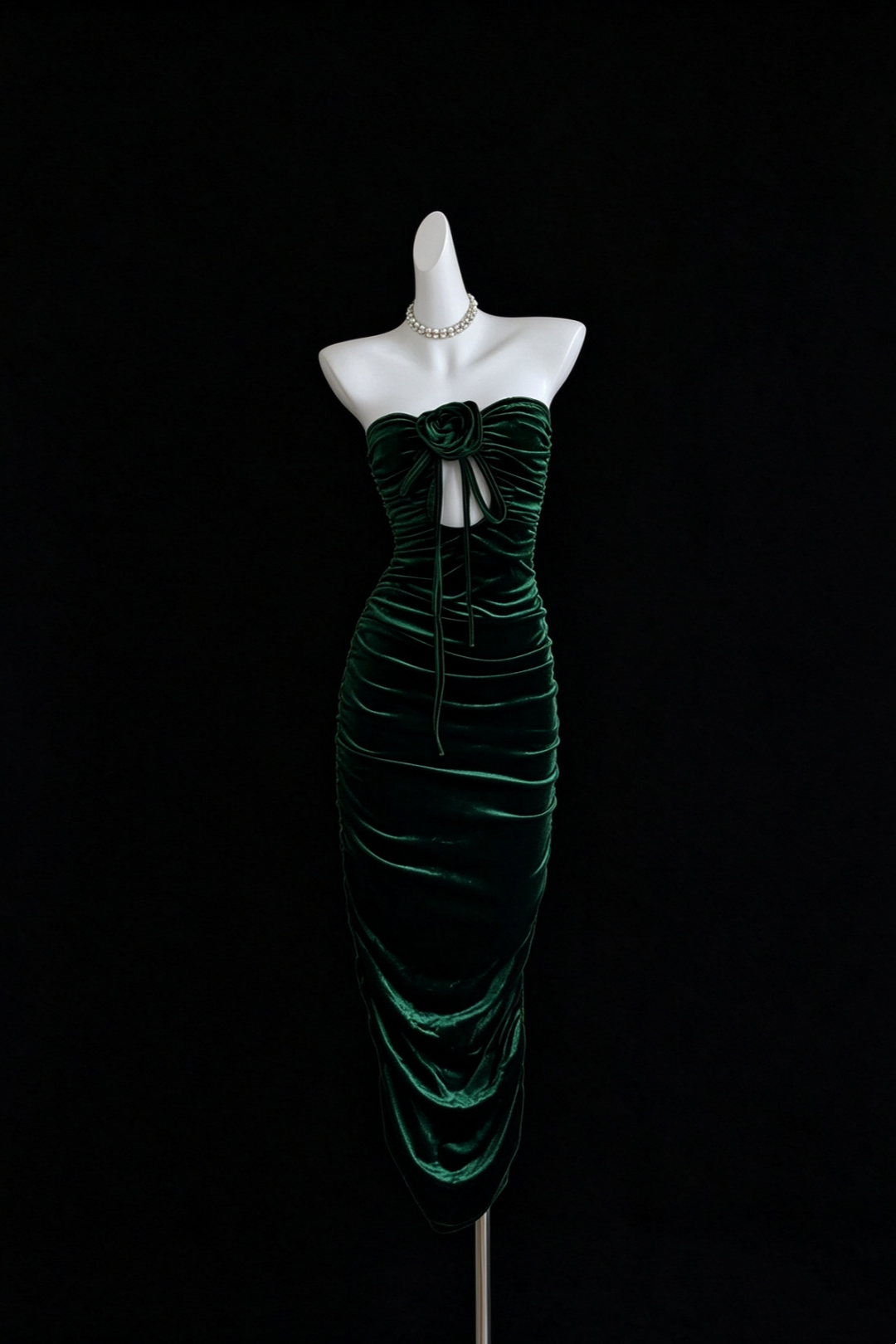 Emerald Green Velvet Strapless Midi Formal Dress, 3D Floral Cutout Ruched Party Dress F0534