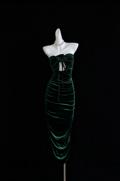 Emerald Green Velvet Strapless Midi Formal Dress, 3D Floral Cutout Ruched Party Dress F0534