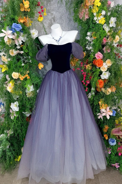 Purple-Black Velvet Tulle Off-the-Shoulder Puff Sleeve Gradient Ballgown Retro Dreamy Theme Party Evening Dress  FL-8