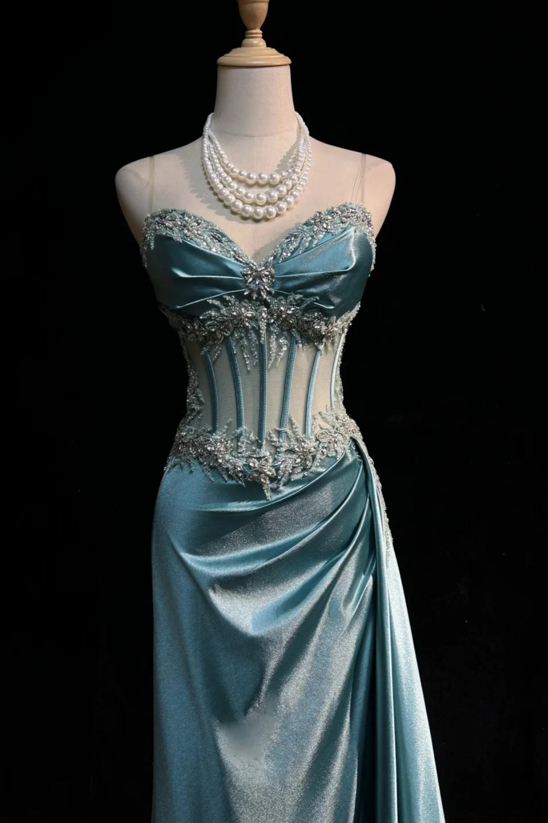 Luxury Ice Blue Satin Mermaid Evening Gown, Sheer Corset Beaded Formal Dinner Party Dress F001