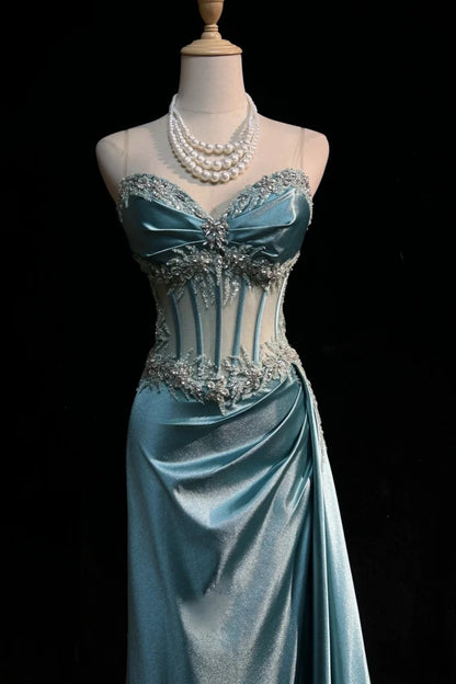 Luxury Ice Blue Satin Mermaid Evening Gown, Sheer Corset Beaded Formal Dinner Party Dress F001