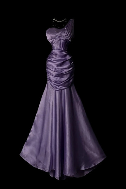 Lavender Satin Mermaid Evening Gown, One‑Shoulder Ruched Formal Gala Dinner Dress  F002