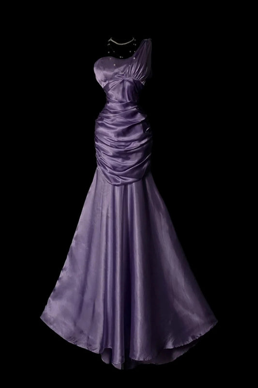 Lavender Satin Mermaid Evening Gown, One‑Shoulder Ruched Formal Gala Dinner Dress  F002