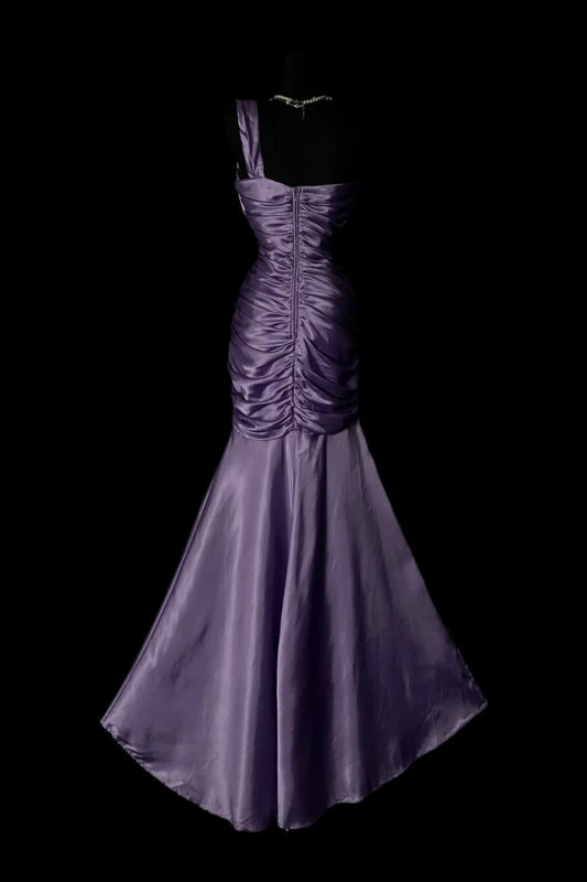 Lavender Satin Mermaid Evening Gown, One‑Shoulder Ruched Formal Gala Dinner Dress  F002