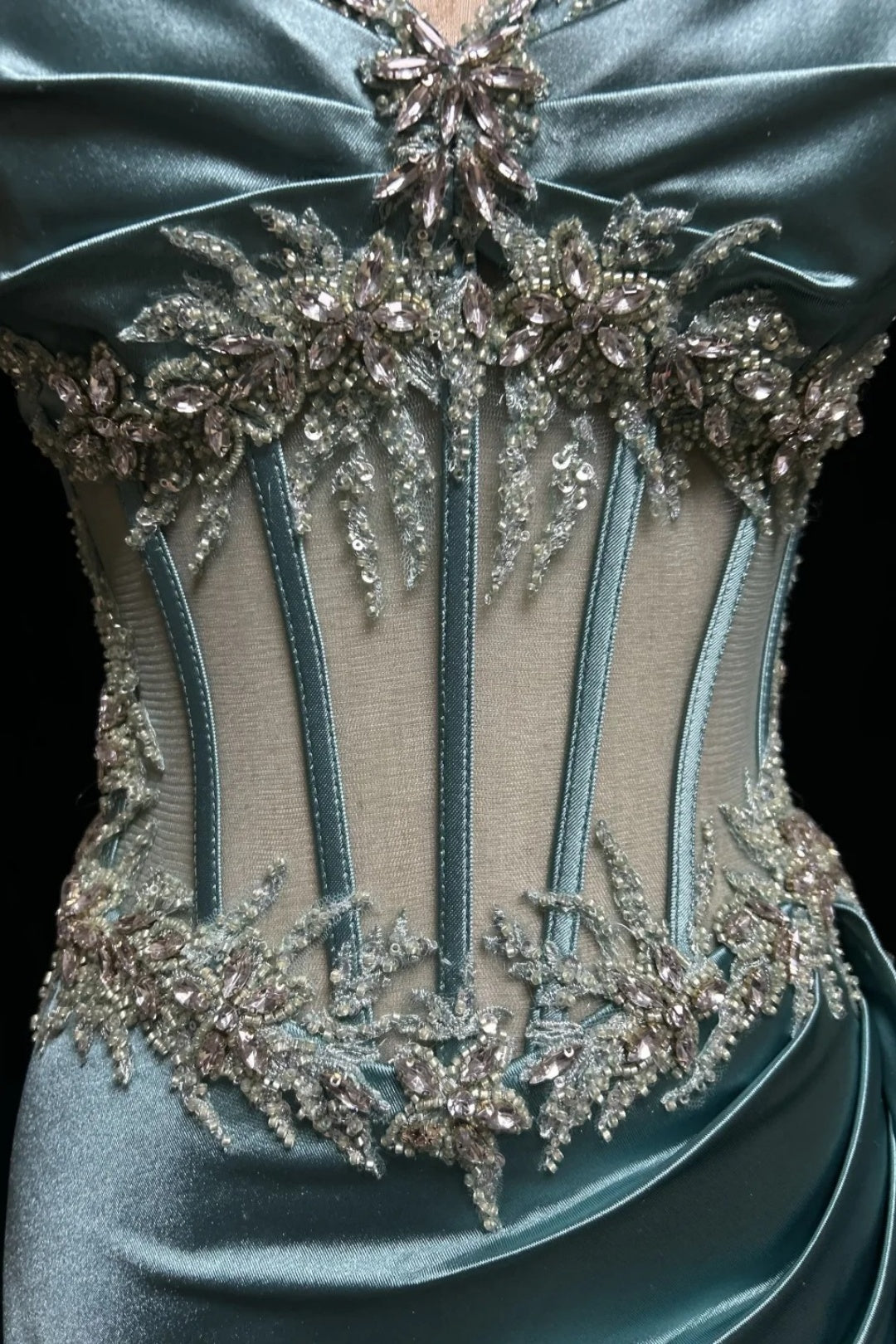 Luxury Ice Blue Satin Mermaid Evening Gown, Sheer Corset Beaded Formal Dinner Party Dress F001