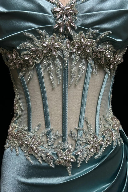 Luxury Ice Blue Satin Mermaid Evening Gown, Sheer Corset Beaded Formal Dinner Party Dress F001