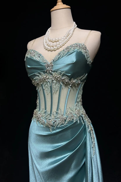 Luxury Ice Blue Satin Mermaid Evening Gown, Sheer Corset Beaded Formal Dinner Party Dress F001