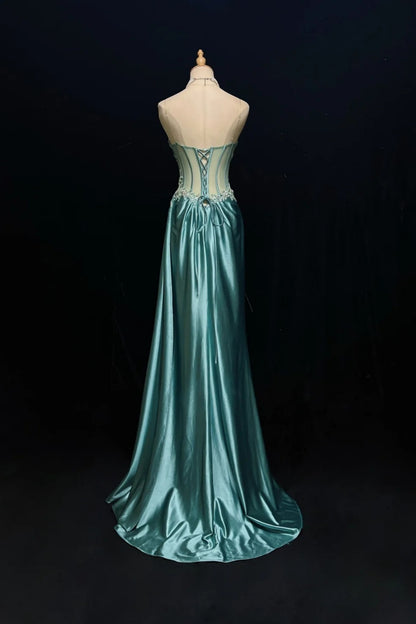 Luxury Ice Blue Satin Mermaid Evening Gown, Sheer Corset Beaded Formal Dinner Party Dress F001