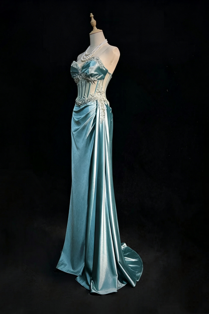 Luxury Ice Blue Satin Mermaid Evening Gown, Sheer Corset Beaded Formal Dinner Party Dress F001