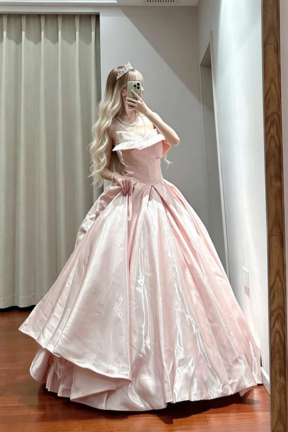 Ball Gown Blush Satin Formal Evening Dress, Adjustable Fold Neck Beaded Prom Gown  F028