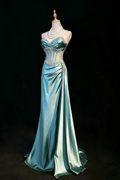 Luxury Ice Blue Satin Mermaid Evening Gown, Sheer Corset Beaded Formal Dinner Party Dress F001